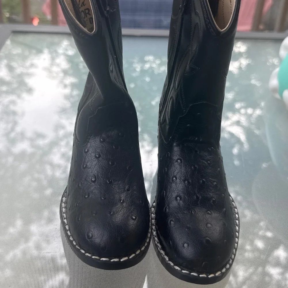 Old West Cowboy Boots Kids 9.5 Black Ostrich Print Western OR9110